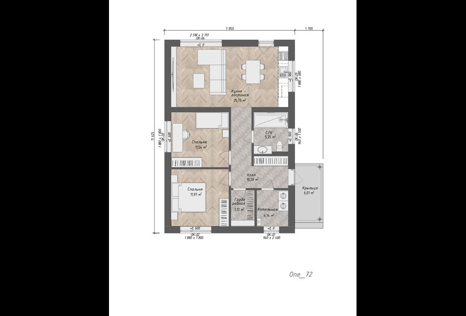 Планировка дома из газобетона One_72 с панорамными окнами, фото 2